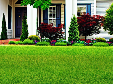 Green manicured lawn with bushes and house.