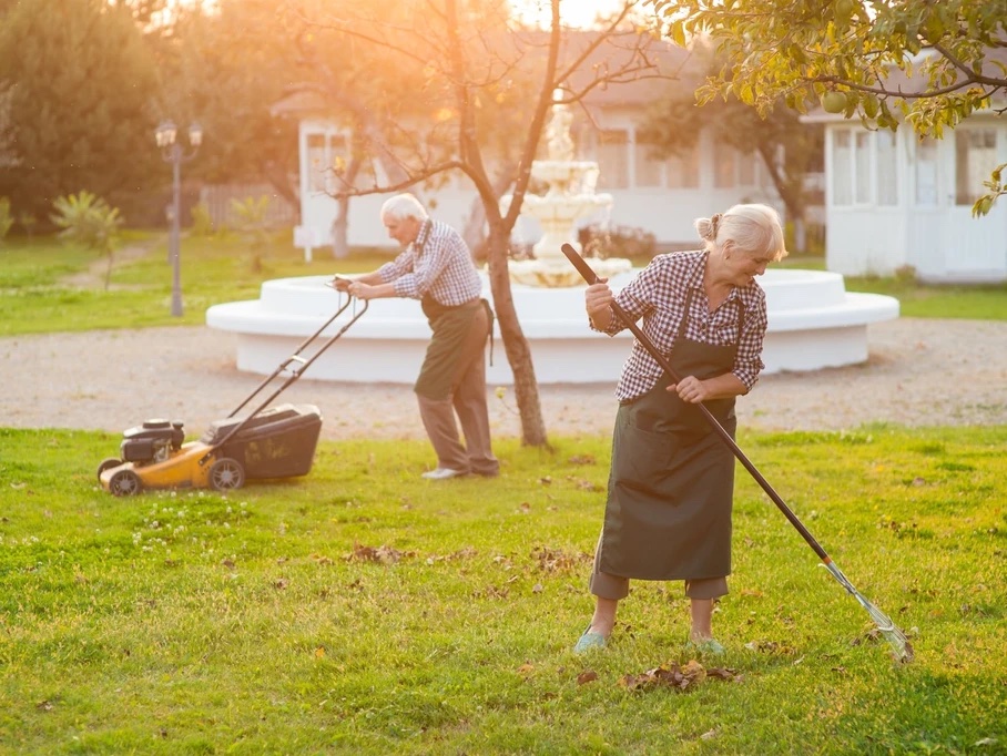 Older man and woman mow lawn and inspect lawn for problems