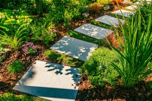 Detail,Of,Garden,Path,With,Stone,Slabs,With,Bark,Mulch. Mulching venice fl