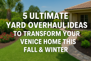 A professionally landscaped Florida yard in Venice featuring a lush green lawn, mulched garden beds with colorful native plants, palm trees, and a winding stone pathway leading to a home with a covered patio—showcasing the results of a full yard overhaul for fall and winter.