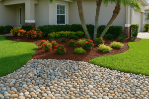 A professionally landscaped Southwest Florida yard featuring a vibrant mulched garden bed with native plants and palm trees, bordered by decorative round river rocks. The design highlights the contrast between mulch and rock for a clean, polished, and sustainable landscape.