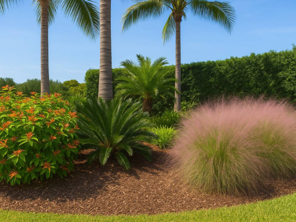 A Sarasota, Florida landscape featuring native Florida plants including Firebush with orange blooms, Coontie palms, and pink-tinted Muhly Grass beneath tall palm trees, showcasing a vibrant, Florida-friendly yard design on a sunny day.