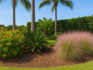 A Sarasota, Florida landscape featuring native Florida plants including Firebush with orange blooms, Coontie palms, and pink-tinted Muhly Grass beneath tall palm trees, showcasing a vibrant, Florida-friendly yard design on a sunny day.