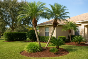 A Sarasota, Florida residential yard featuring neatly trimmed palms, manicured grass, and mulched garden beds under bright sunlight, showcasing the results of professional palm trimming before winter.