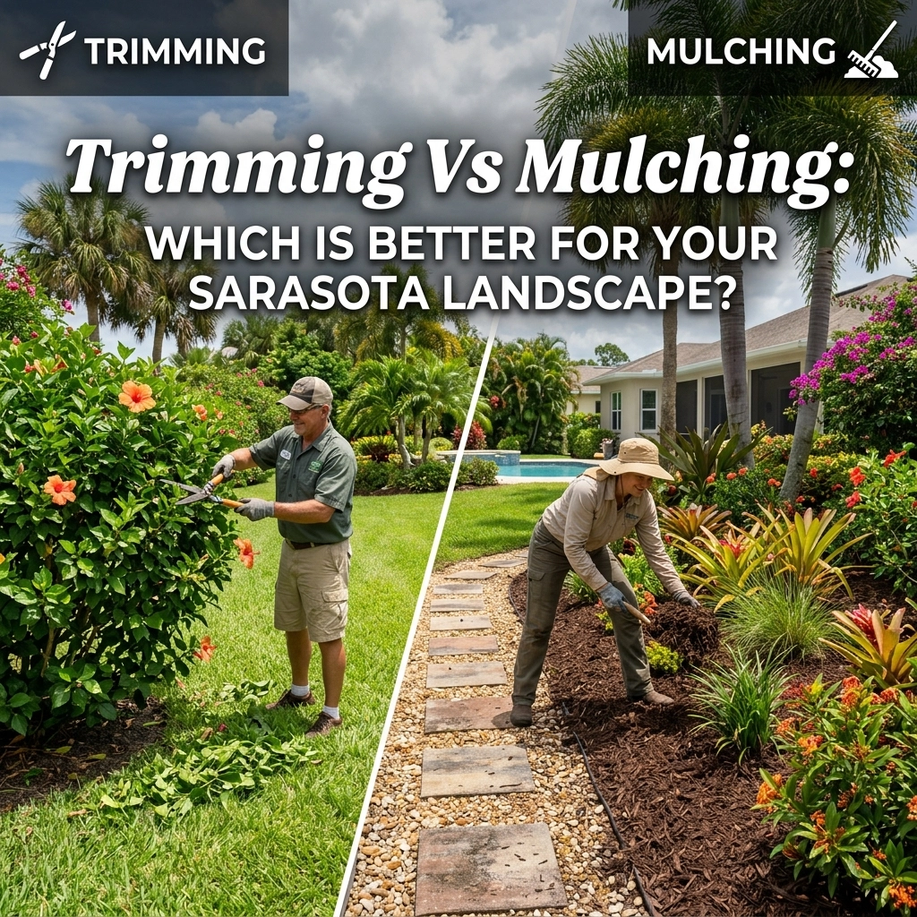 trimming vs mulching two photos showing a landscape professional performing both shrub trimming and mulching in florida landscapes with green grass and palm trees