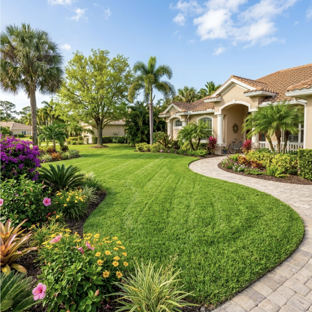 well manicured venice florida home and lawn including ornamental plants and hardscaping. yard with extensive lawn care