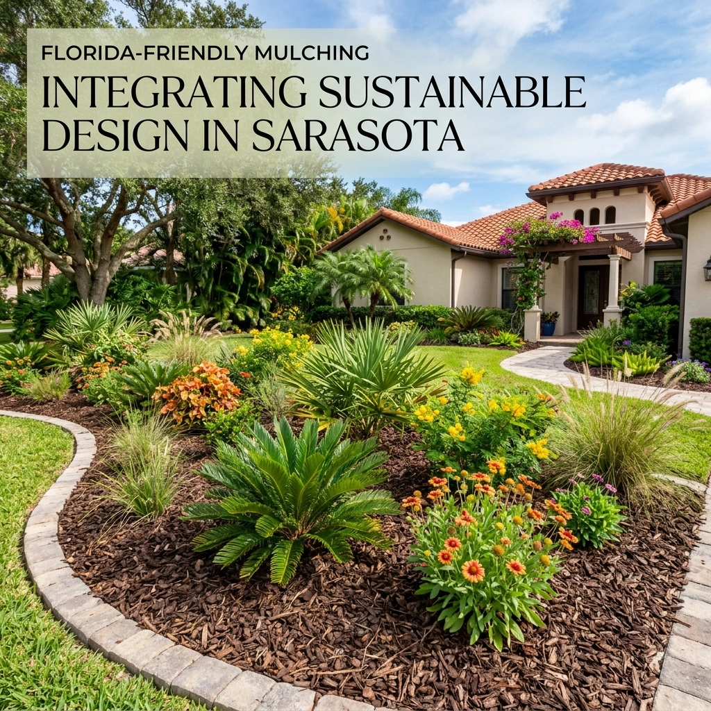 A beautifully designed Sarasota landscape featuring a thick layer of rich brown pine bark mulch surrounding tropical palms and vibrant native plants for moisture retention from mulching.