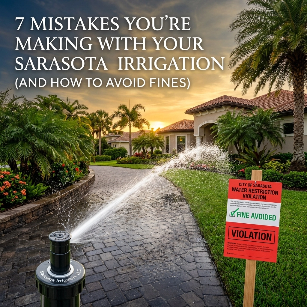 A high-efficiency automatic irrigation sprinkler head watering a vibrant green lawn at a residential property in Sarasota, FL, demonstrating proper water coverage and conservation.