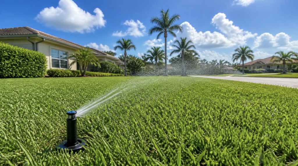 Modern irrigation systems watering a lush lawn for Venice, FL Lawn Care during the rainy season.