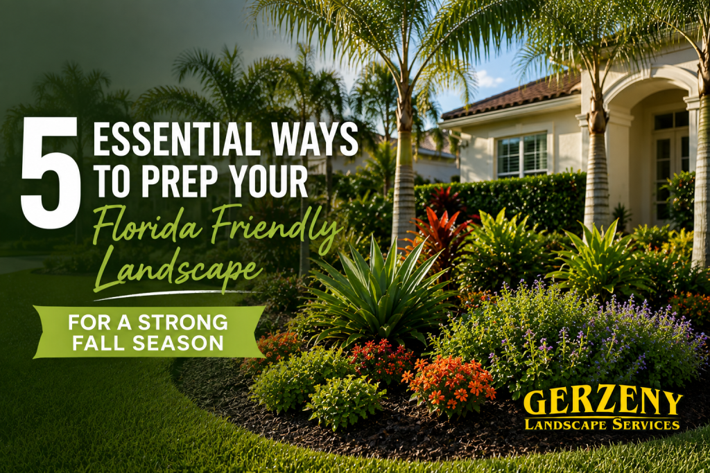 florida friendly landscaping in front of a tan house with a gerzeny landscape logo. featuring text that says 5 essential ways to prep your florida friendly landscape for a strong fall season