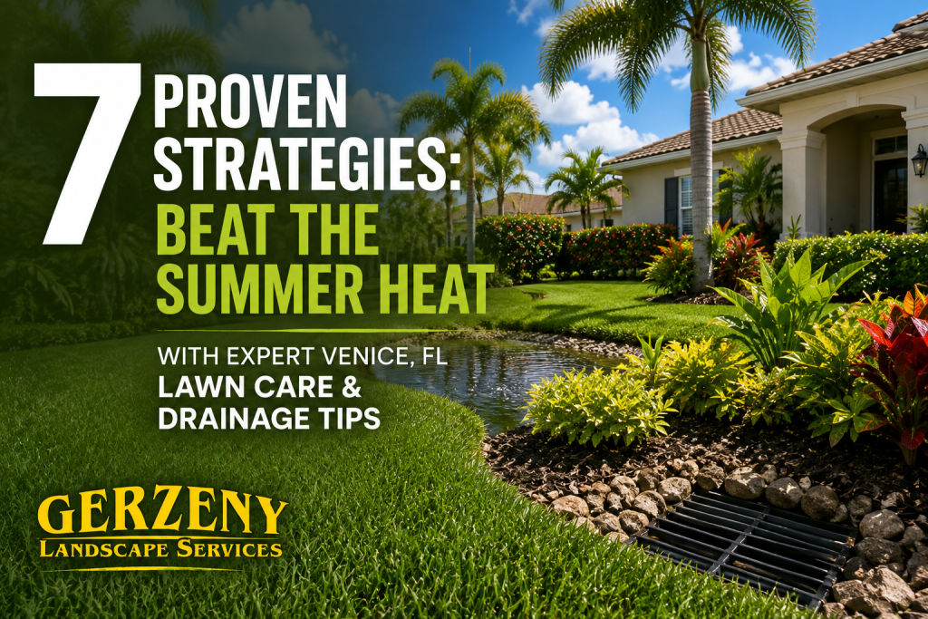 lush florida landscape with tan home and the gerzeny landscape logo featuring the text that says: 7 Proven Strategies: Beat the Summer Heat with Expert Venice FL Lawn Care & Drainage Tips