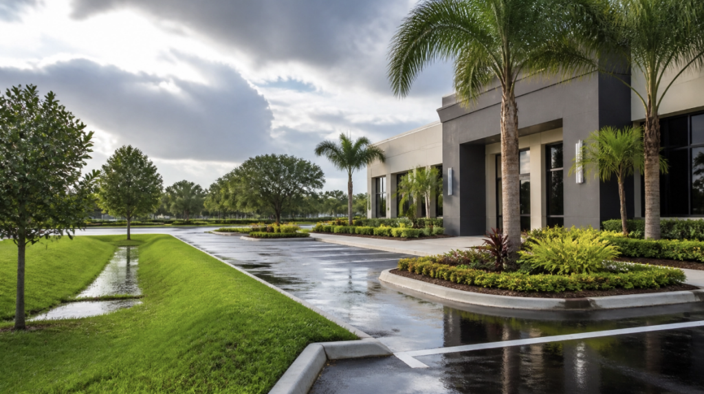 sarasota commercial landscaping at a sarasota office building with rain and clouds in the sky