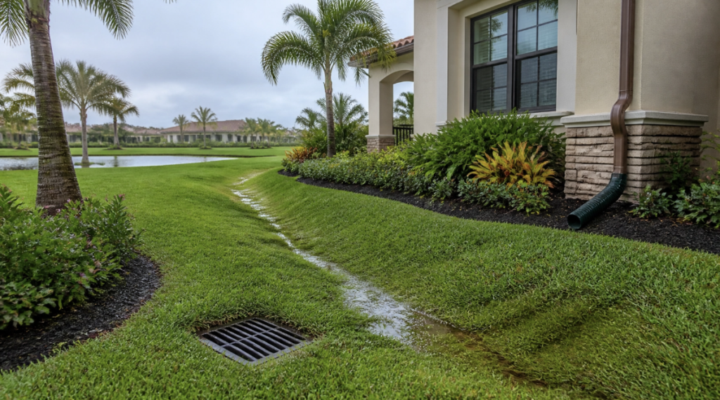 lush sarasota yard featuring lawn drainage for stormy season. palm trees and a well maintained lawn.