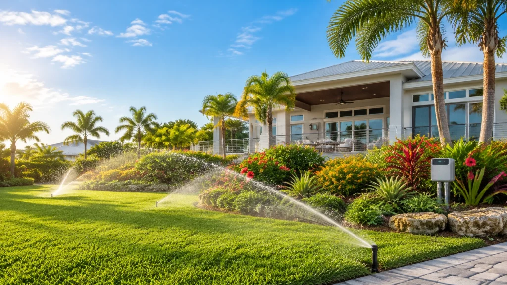 Lush Florida lawn featuring decorative landscaping and palms with an efficient florida-friendly irrigation system.